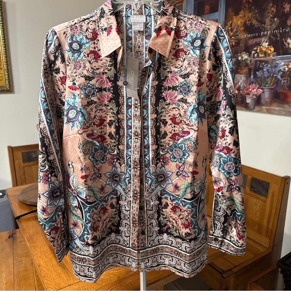 Chico's Floral Scroll-Print Shirt Sz 0 EUC Bohemian Boho Country Floral